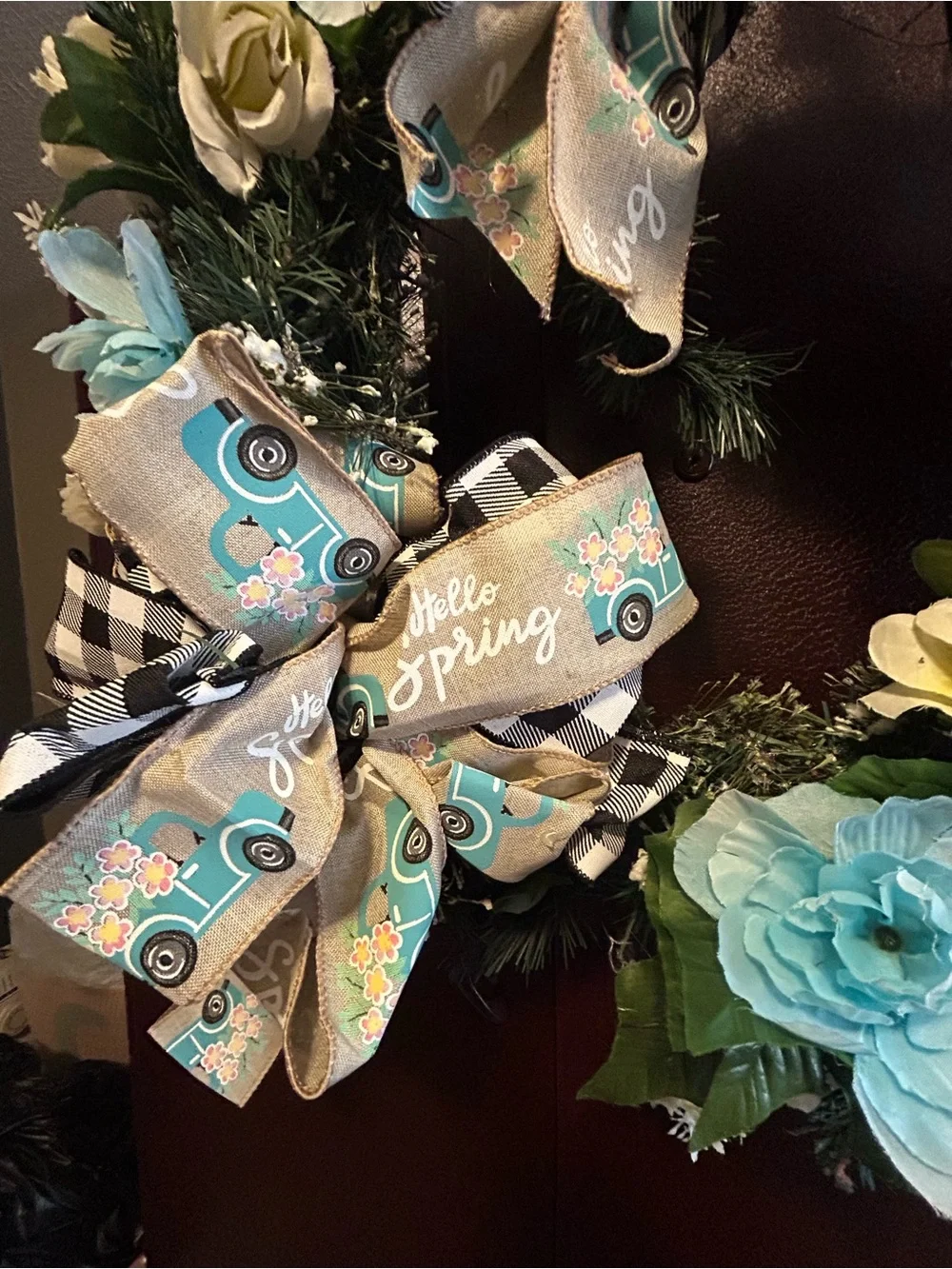 Spring Floral Wreath with Blue and Cream Roses
